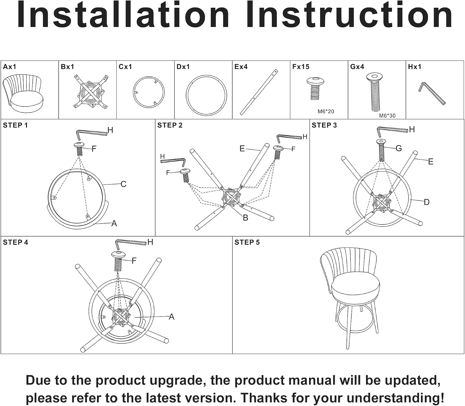 Black-and-white assembly diagram showing parts layout and five-step installation instructions for the stool