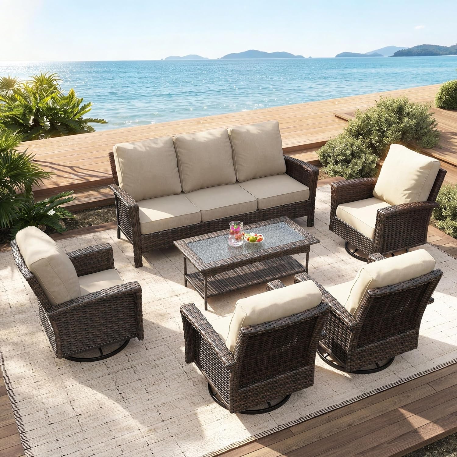 SUNSHINE VALLEY 5pcs Patio Furniture Set, Outdoor High Back Sofa, Beige | Swivel Wicker Chairs w/5.5" Thick, gallery view 22