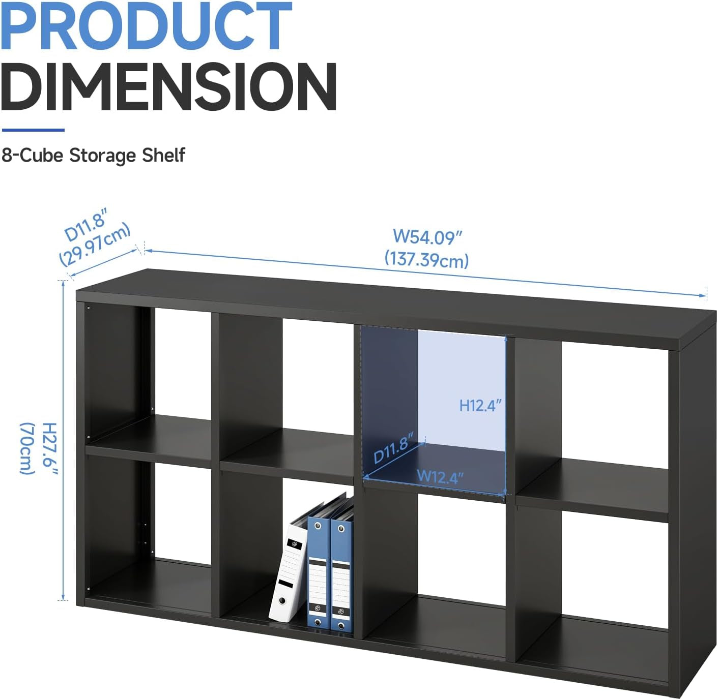 8-cube storage shelf dimension diagram showing W54.09", H27.6", D11.8" and individual cube measurements.