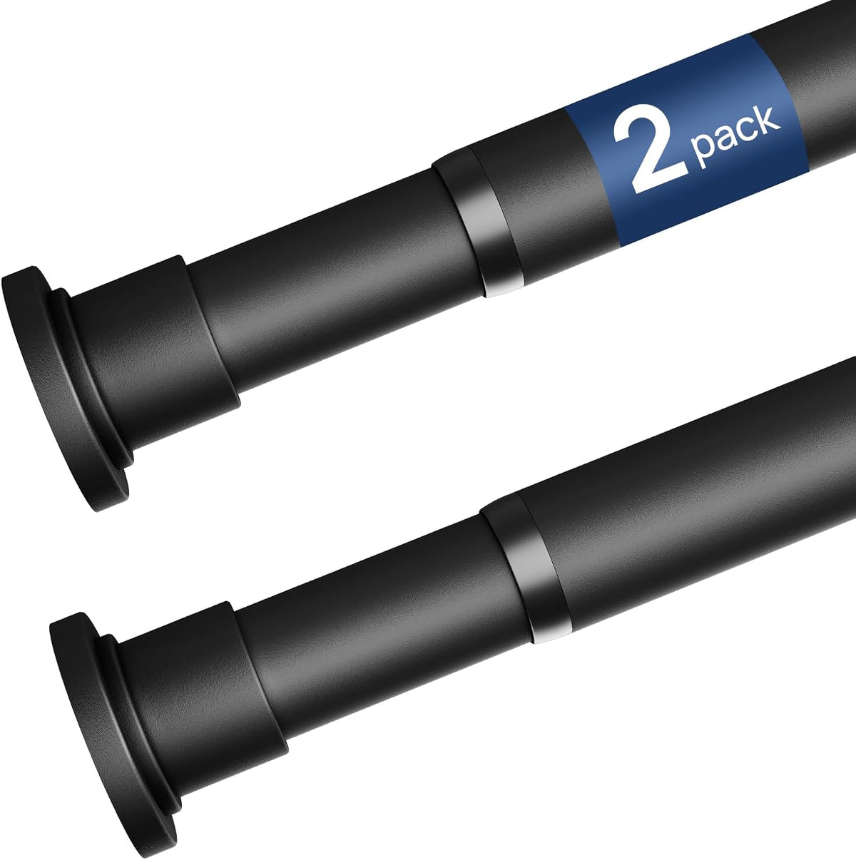 Two black tension rods shown parallel on a white background highlighting telescoping rings and end caps