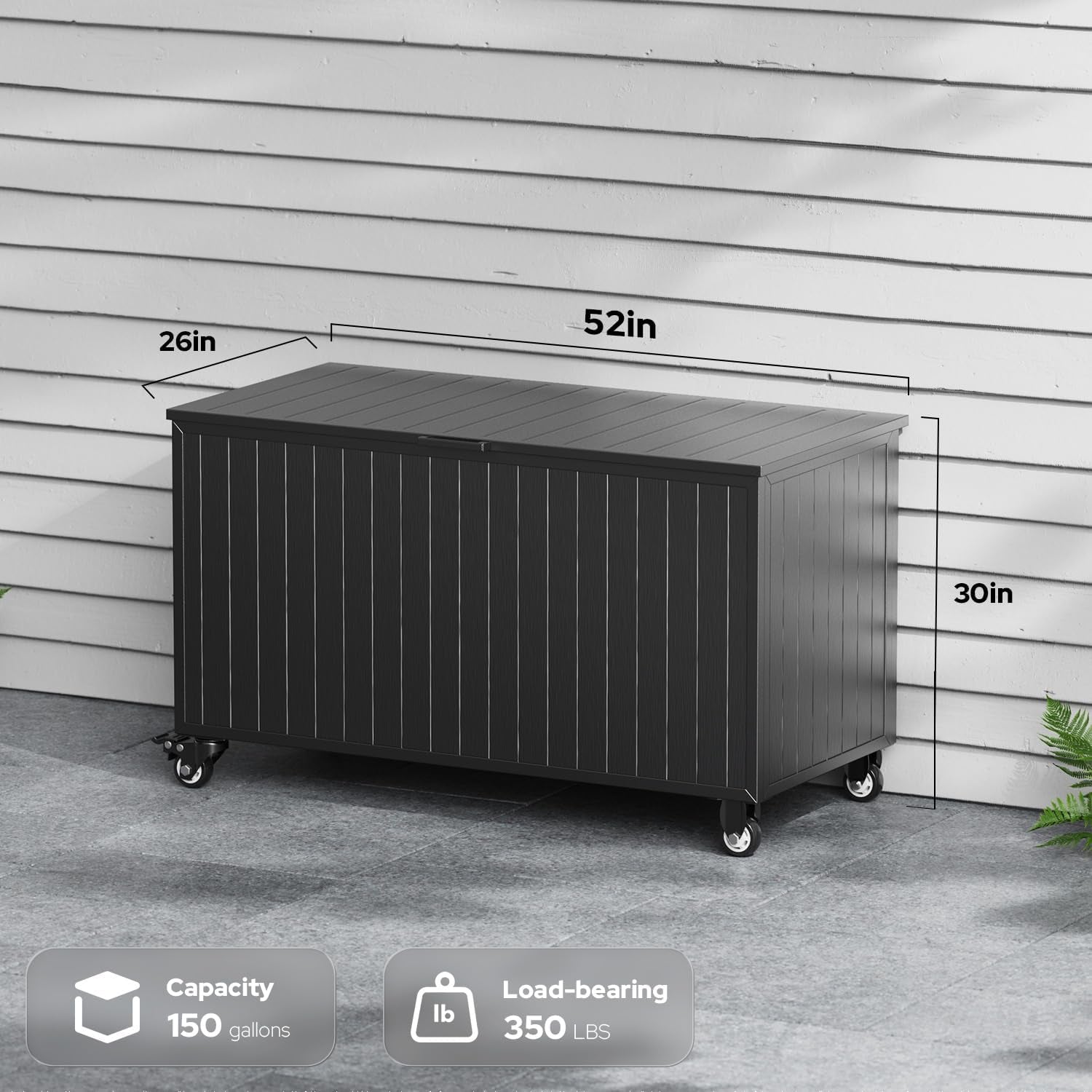 Black outdoor storage box with dimension callouts (52 × 26 × 30 in) and icons showing 150‑gallon capacity and 350 lb load‑car