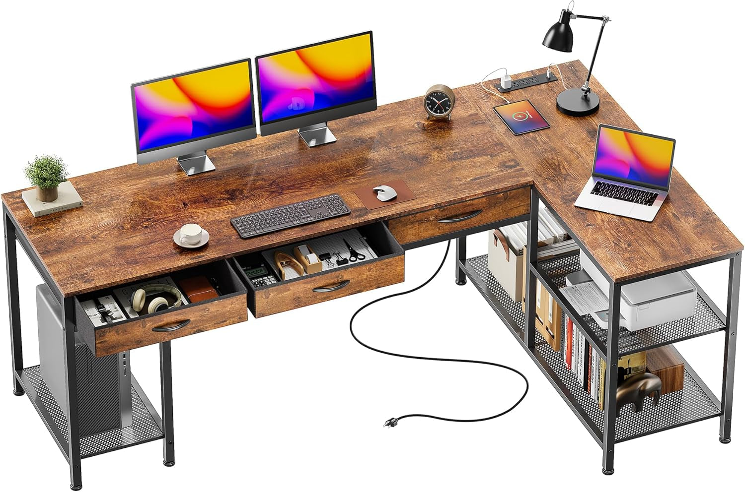 Isometric view of rustic brown L-shaped desk highlighting the woodgrain top, open drawers and two-tier mesh shelving.
