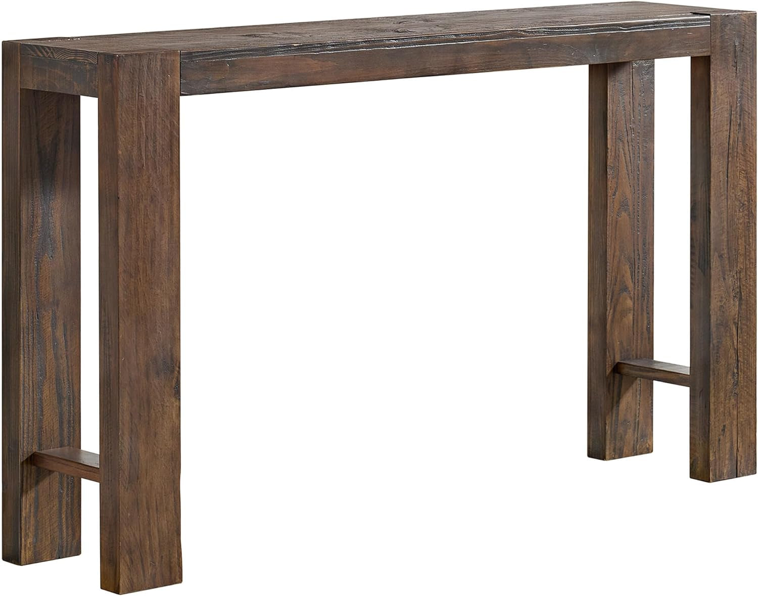 Brown solid pine narrow console table front view on a white background showing leg and stretcher details