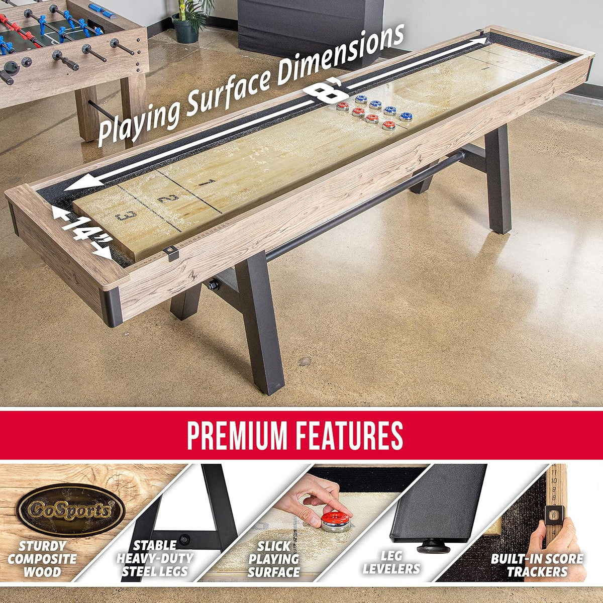 Top perspective showing the full-length playing surface, powder-coated steel legs, and graphics highlighting playing surface,