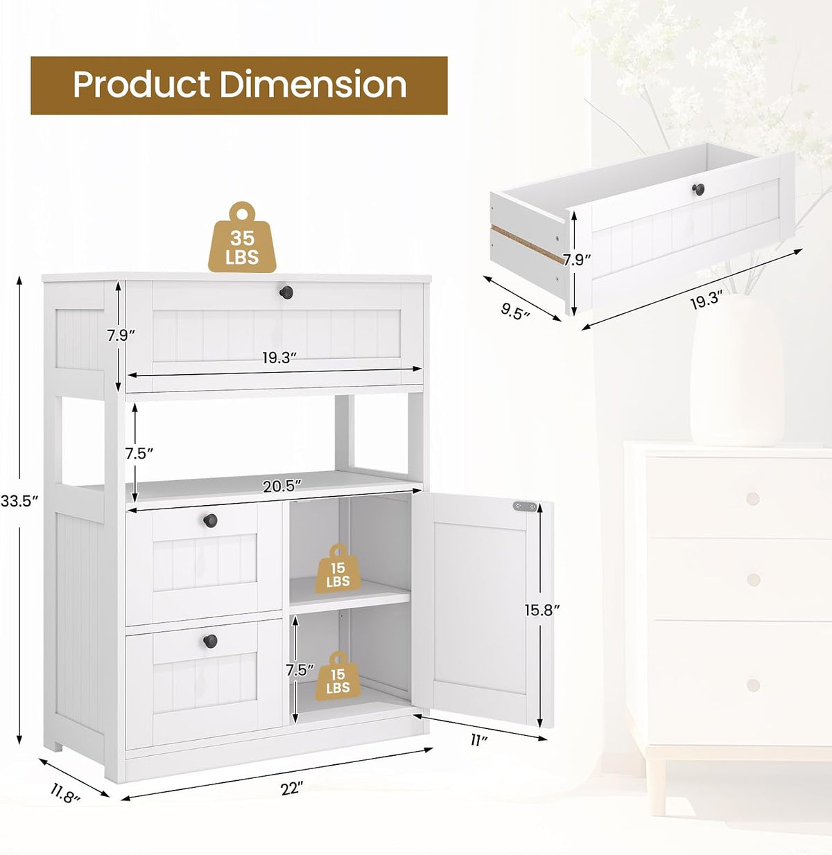 Dimension diagram for white beadboard cabinet showing overall measurements and drawer sizes