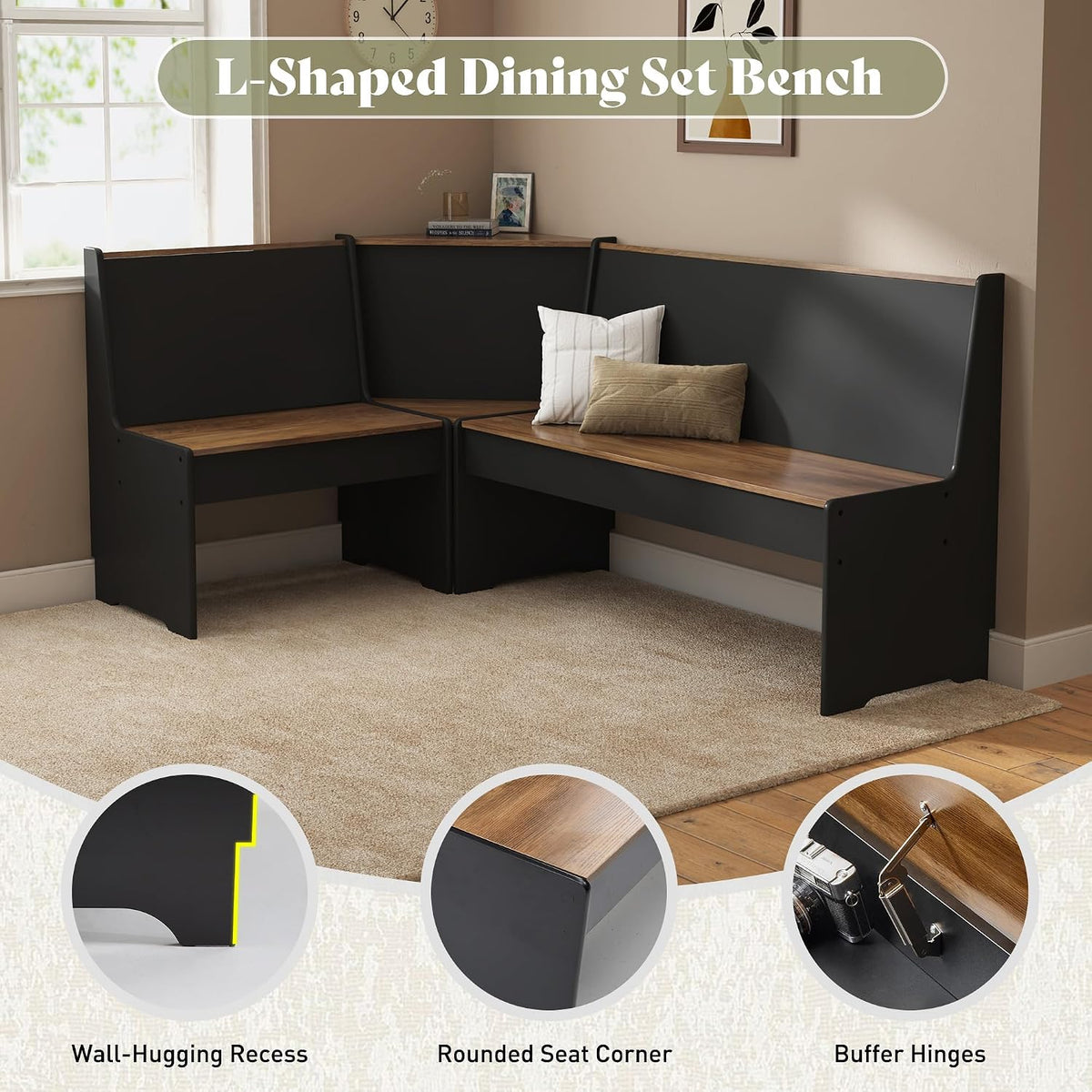 Three individual pieces shown: L-shaped corner bench, rectangular dining table, and straight bench on white background