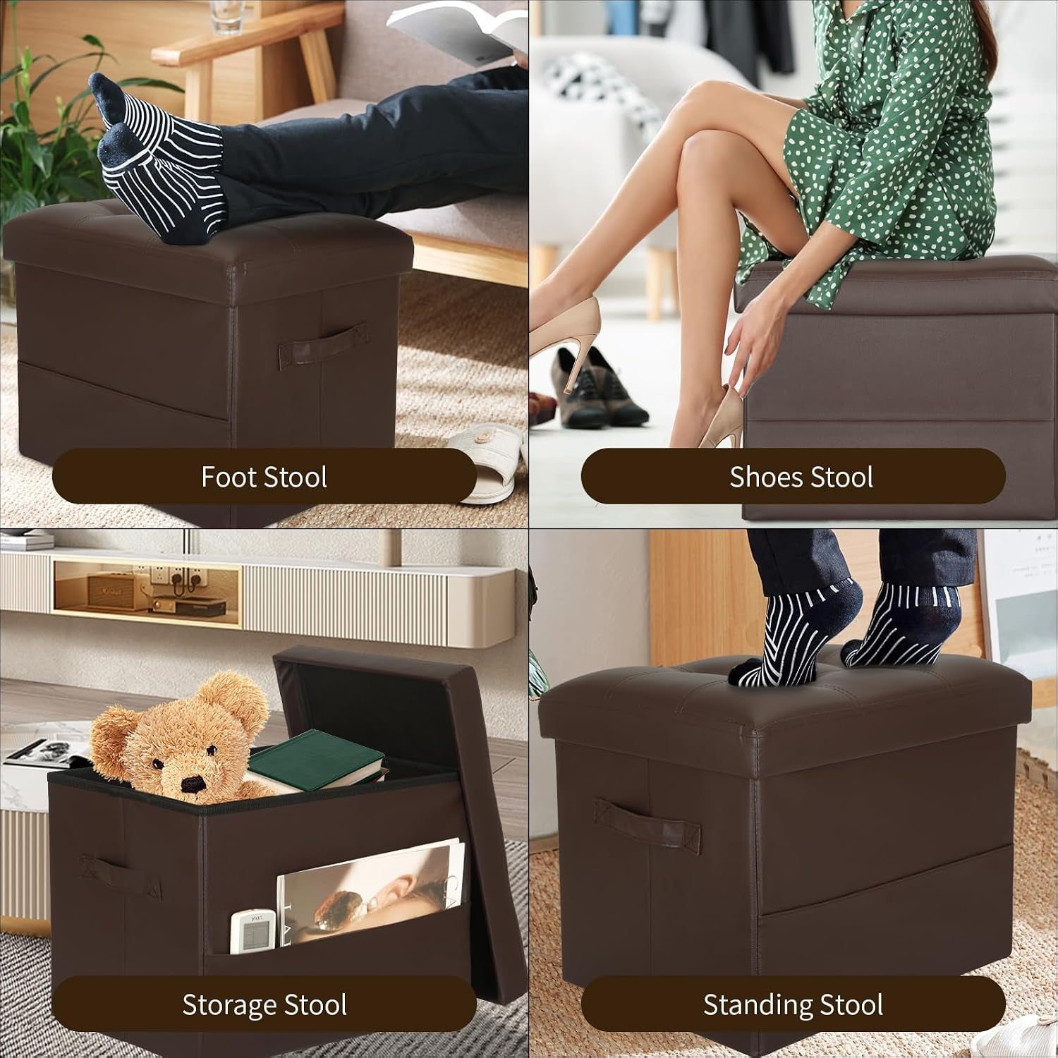 Collage of ottoman uses showing storage open, footstool and standing stool in brown finish