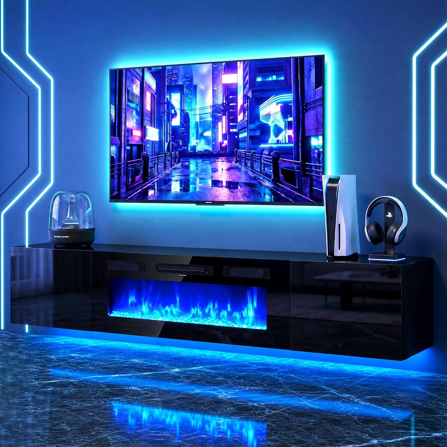 Wall-mounted TV above a glossy black floating console with blue LED fireplace and ambient lighting.