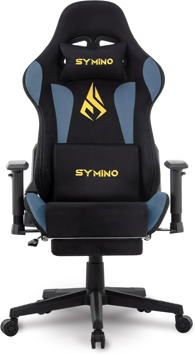 Front view of a black and blue high-back gaming chair with head and lumbar pillows and five-star base.