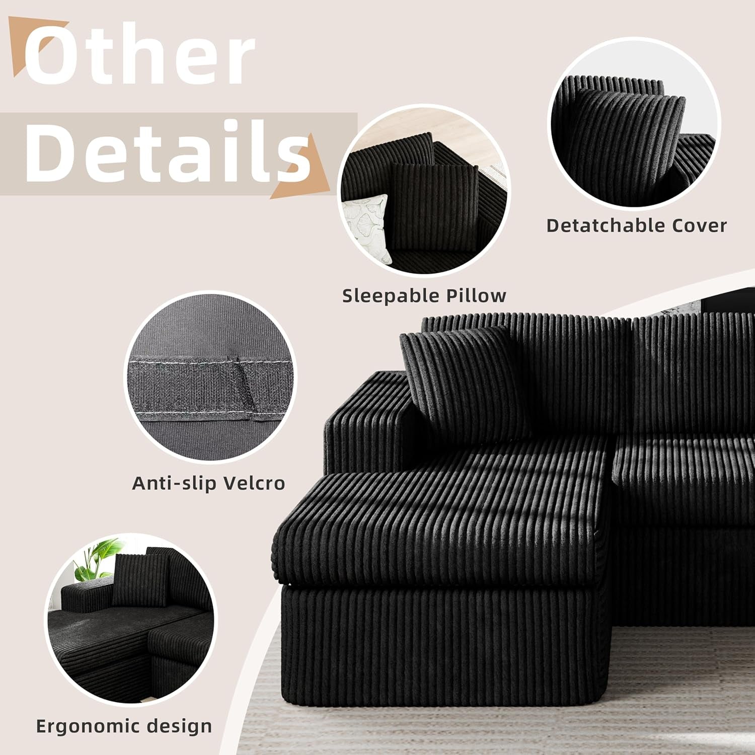 105" Modular Sectional Sofa, Boneless L Shaped Couch with Deep Seat, Cloud Foam Couch with Oversized Chaise, Plush Corduroy Sofa No Assembly Needed for Living Room, Black