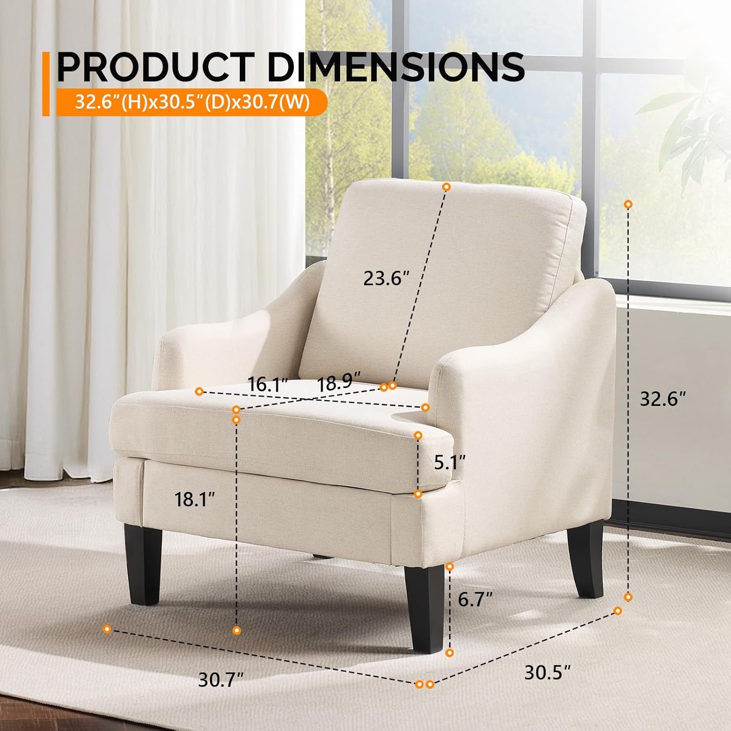 Single beige accent chair with dimension callouts showing width, depth and height in a studio setting