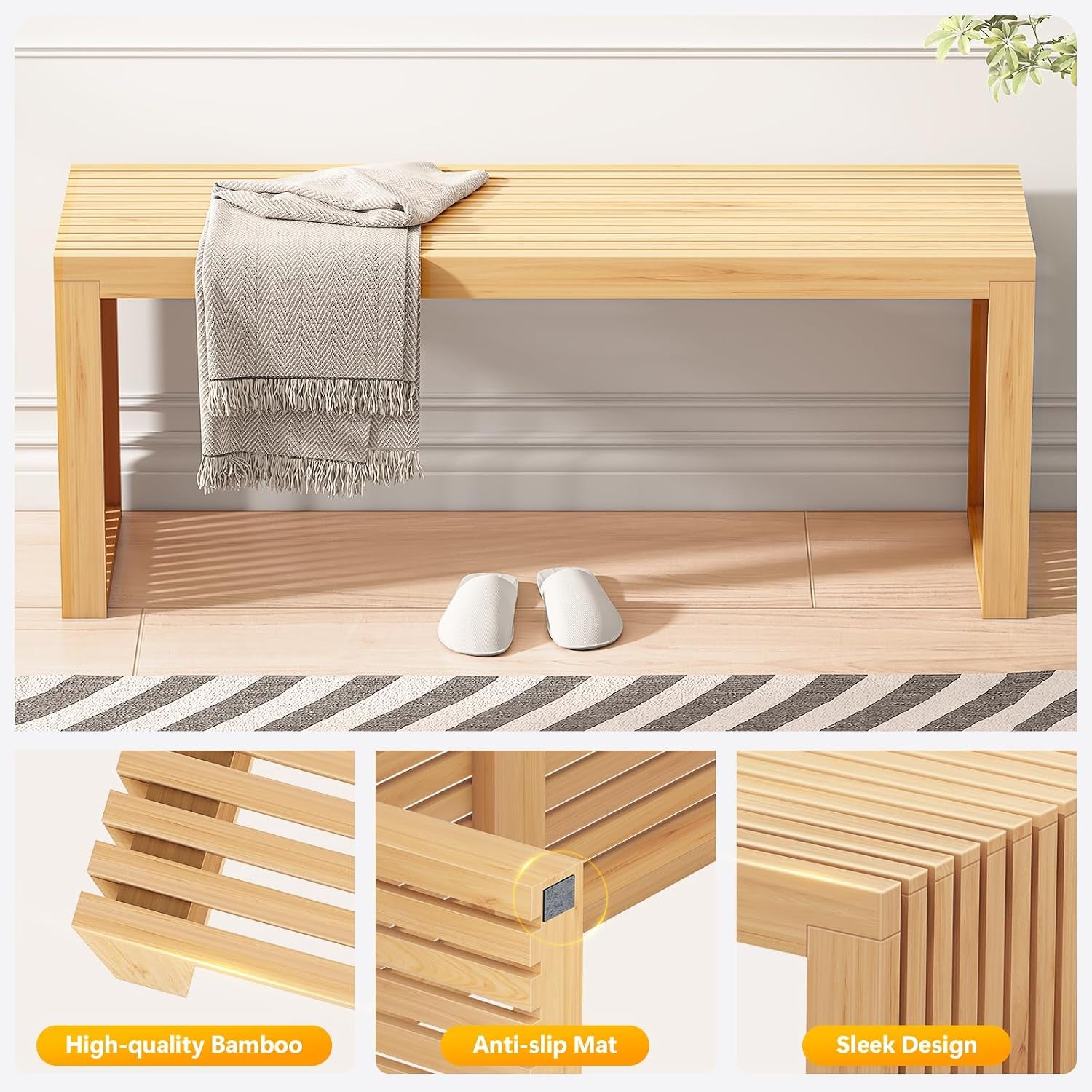 Close-up collage showing widened bamboo slats, anti-slip mat on leg, and corner joinery details