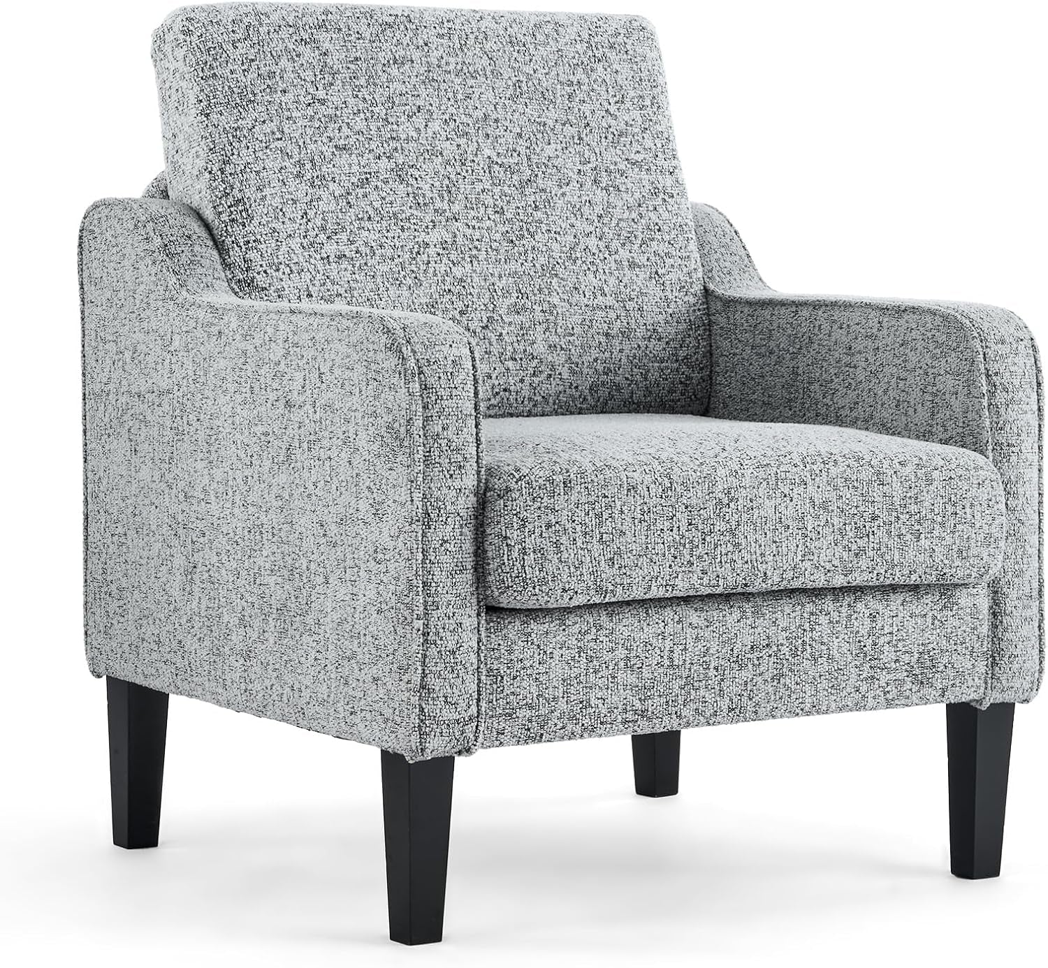 Front-quarter view of a light gray textured upholstered accent chair with tapered dark wood legs.