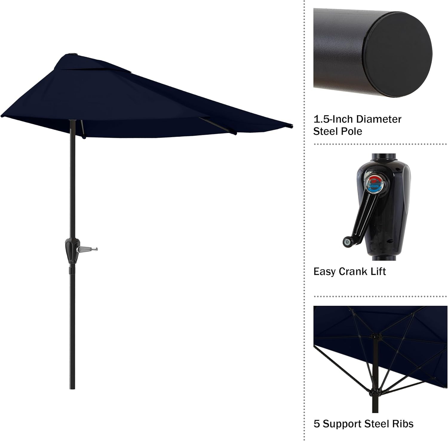 Collage view showing vented canopy, half-style shape, crank lift and five steel ribs