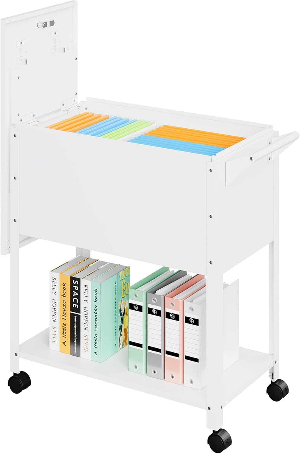 White rolling file cart with lid open showing colorful hanging files and lower shelf holding books and binders