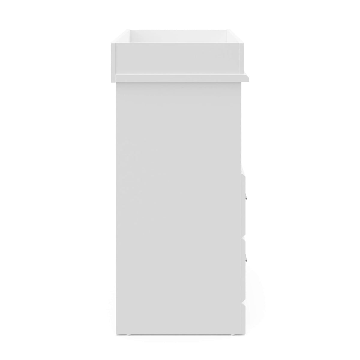 Tall side profile of the chest in white showing the removable topper edge and smooth side panel