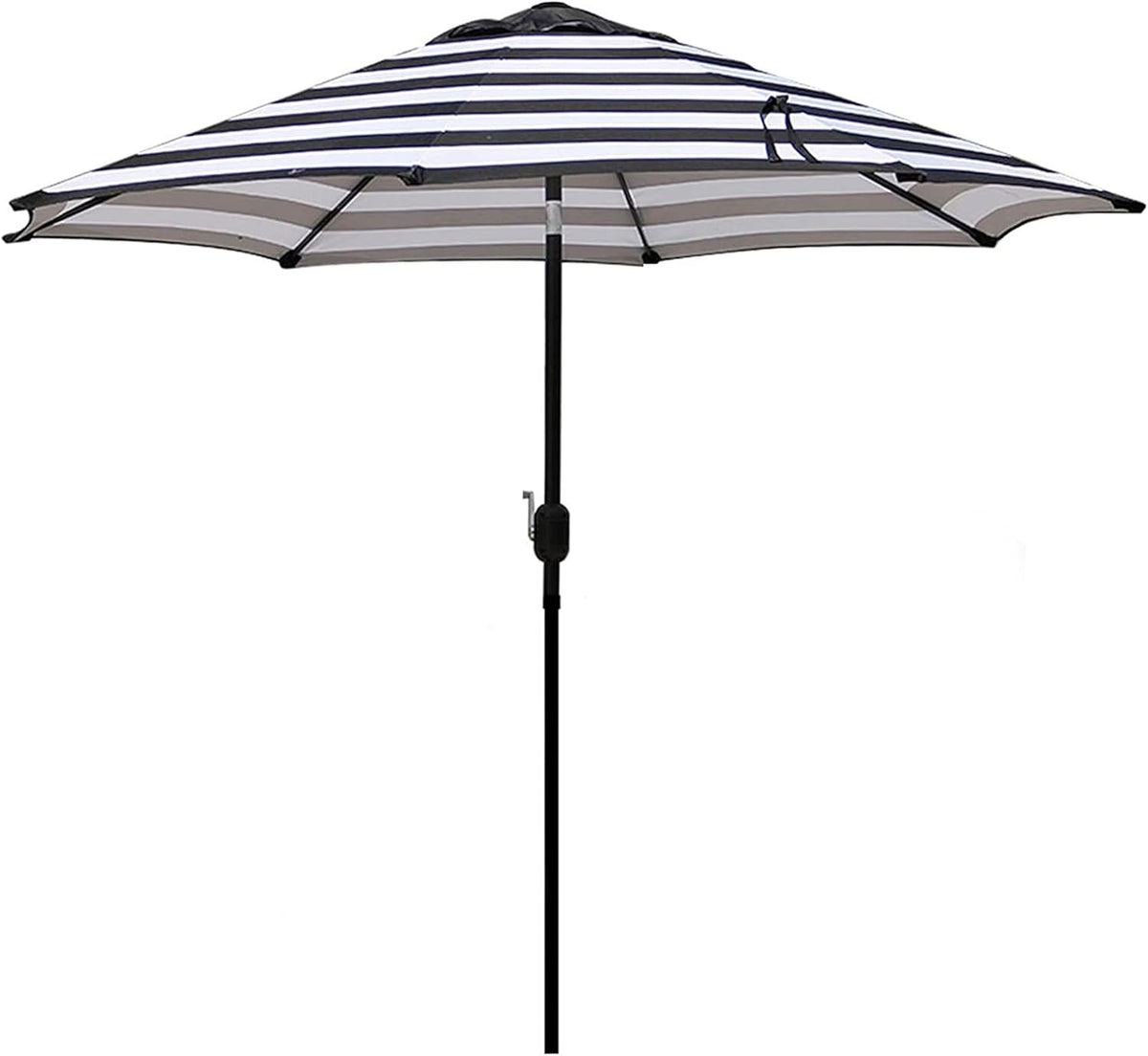 Black-and-white striped umbrella open on a black pole, showing underside and ribs.