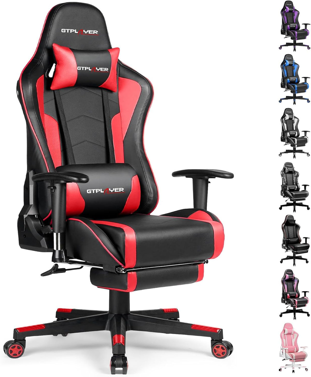 Red and black gaming chair angled front view with extended footrest on white background