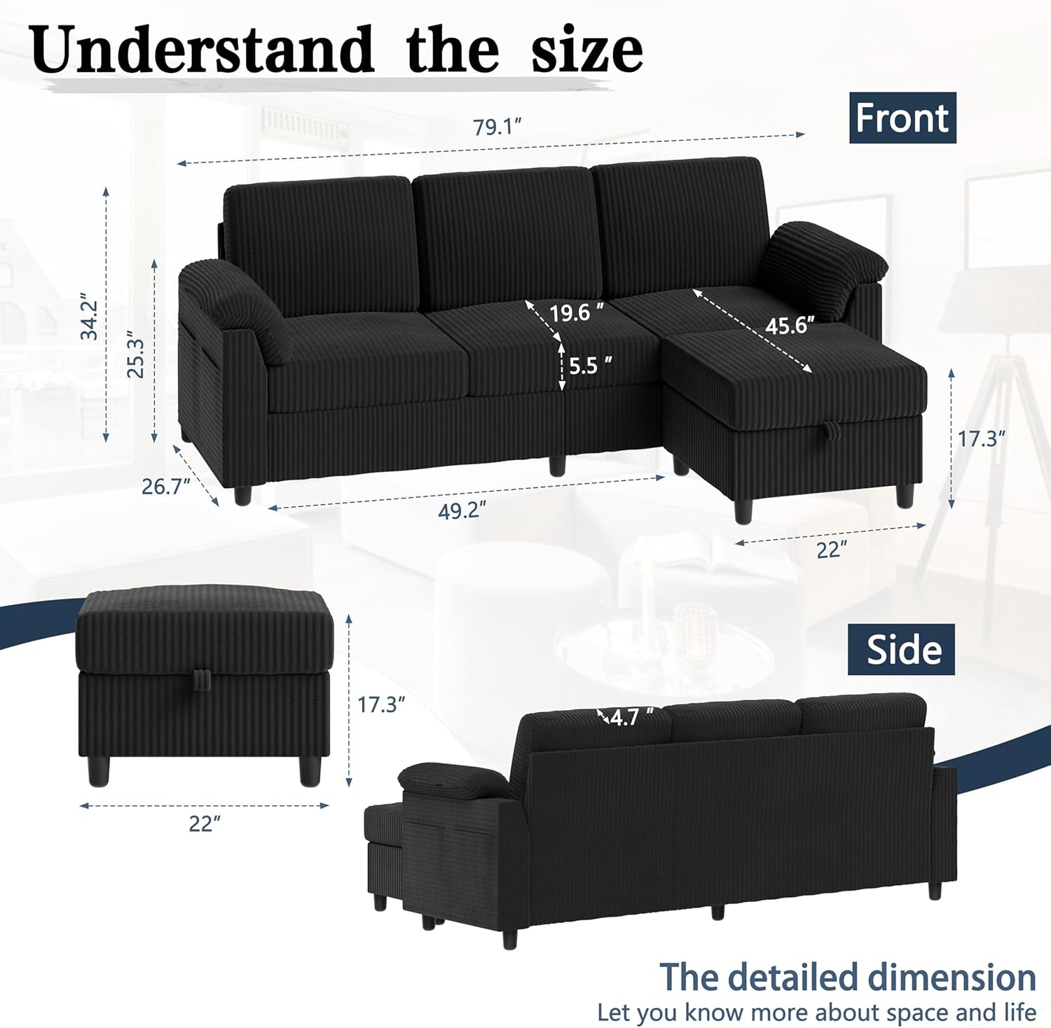Sectional Couch for Living Room, 79In Sectional Sofa with Ottoman, L Shaped Couch with Armrests Side Storage Pockage, 3-Seat Sofa Couches for Apartment, Black