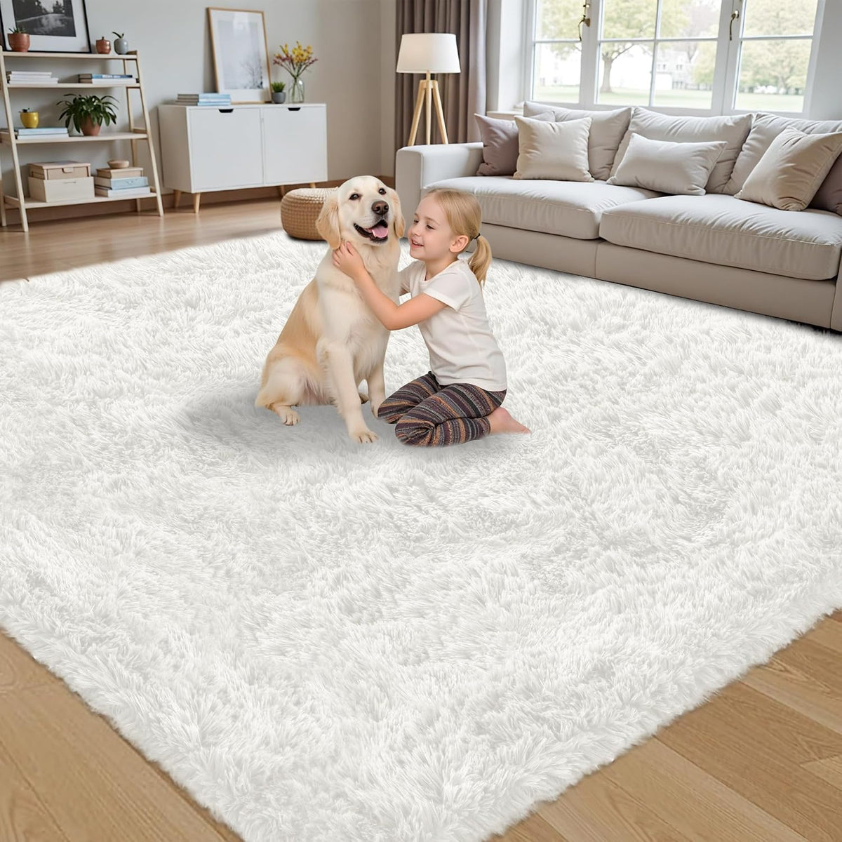White shag rug in living room with child kneeling beside a golden retriever