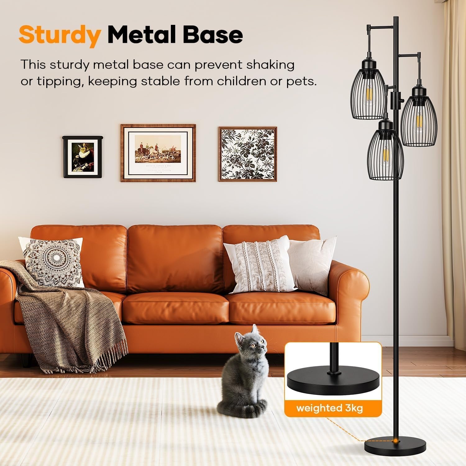 Black metal 70-inch floor lamp with three cage shades beside a sofa, inset showing the 3 kg weighted metal base