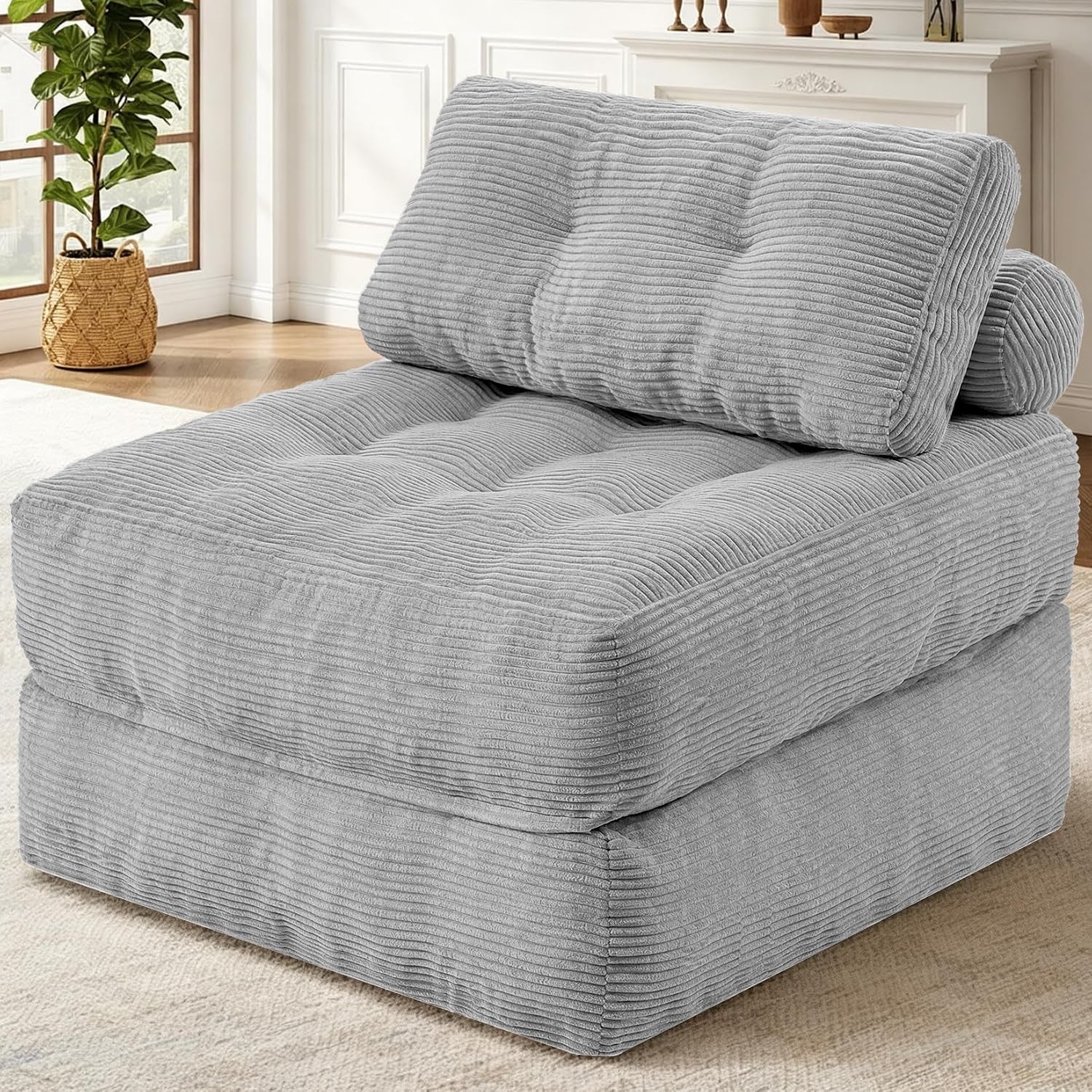 Angled side view of a light gray ribbed-corduroy foldable single sofa with bolsters.