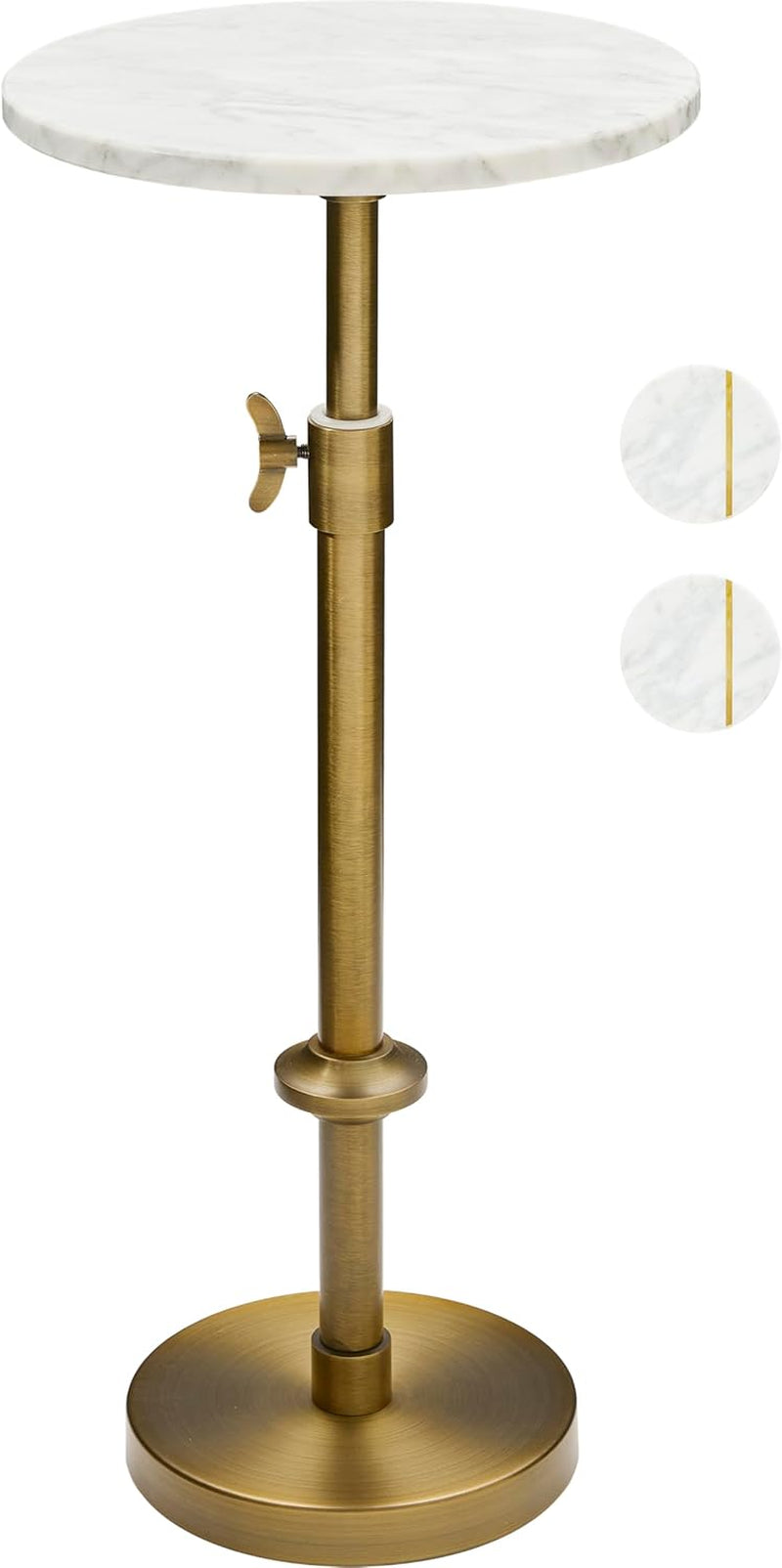 Adjustable pedestal side table with white marble round top and antique brass column shown on white background
