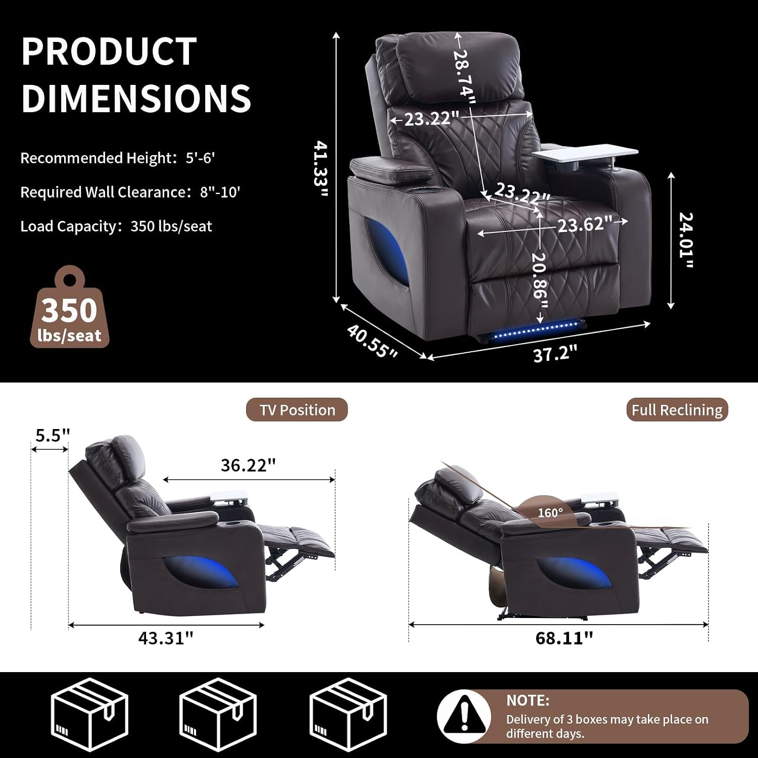 Graphic showing recliner front view with overlay arrows and measurement labels