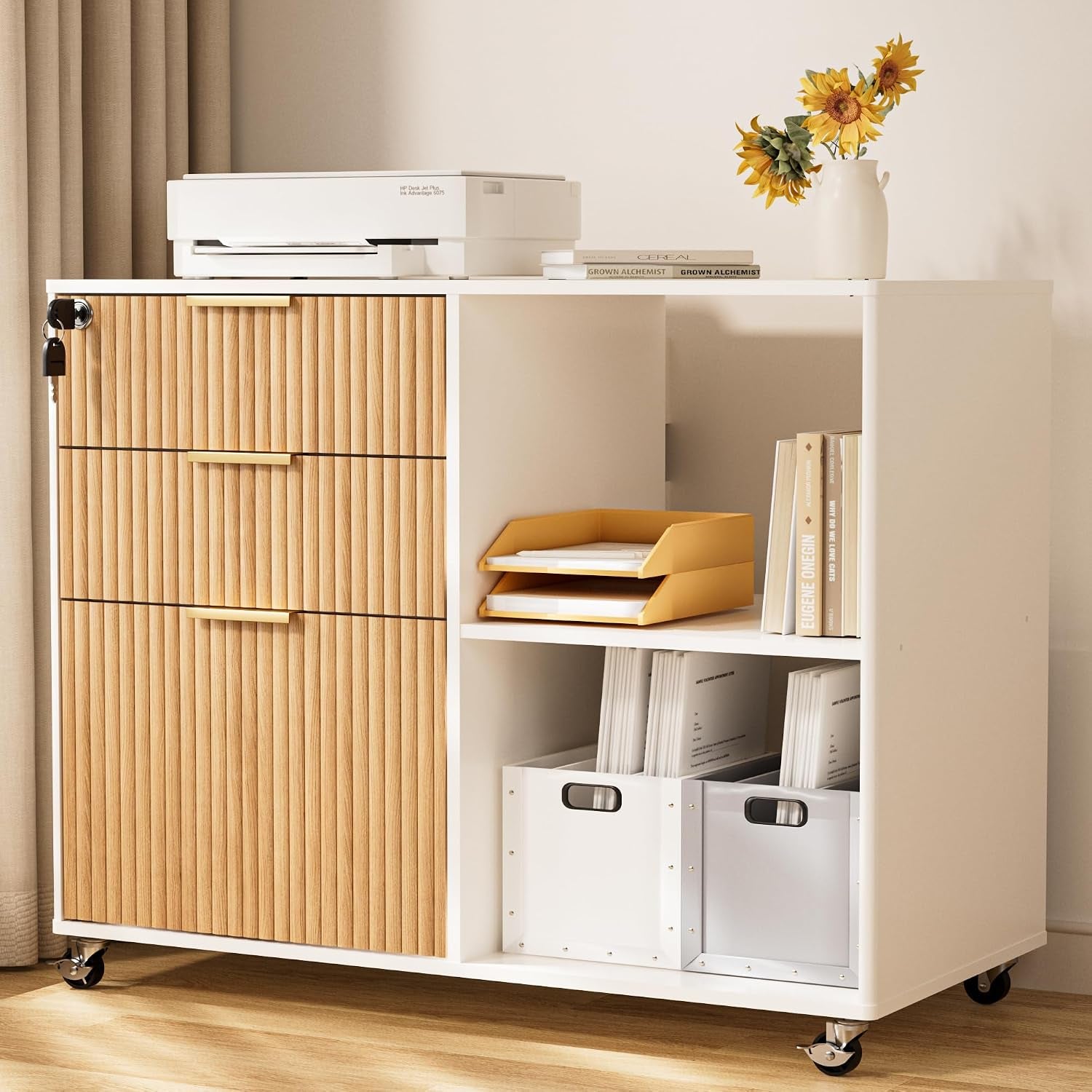 White mobile file cabinet with oak ribbed drawer fronts, open shelf, top printer surface and caster wheels