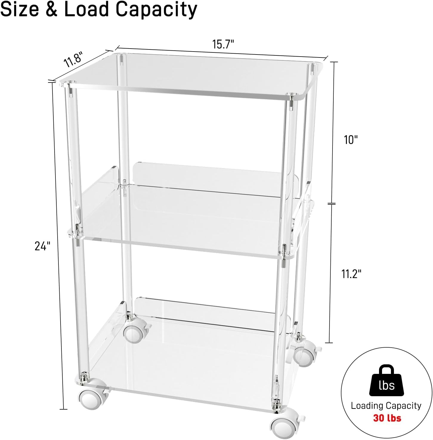 Dimensional diagram of the acrylic three-tier stand showing 15.7 x 11.8 x 24 inch overall measurements and shelf heights