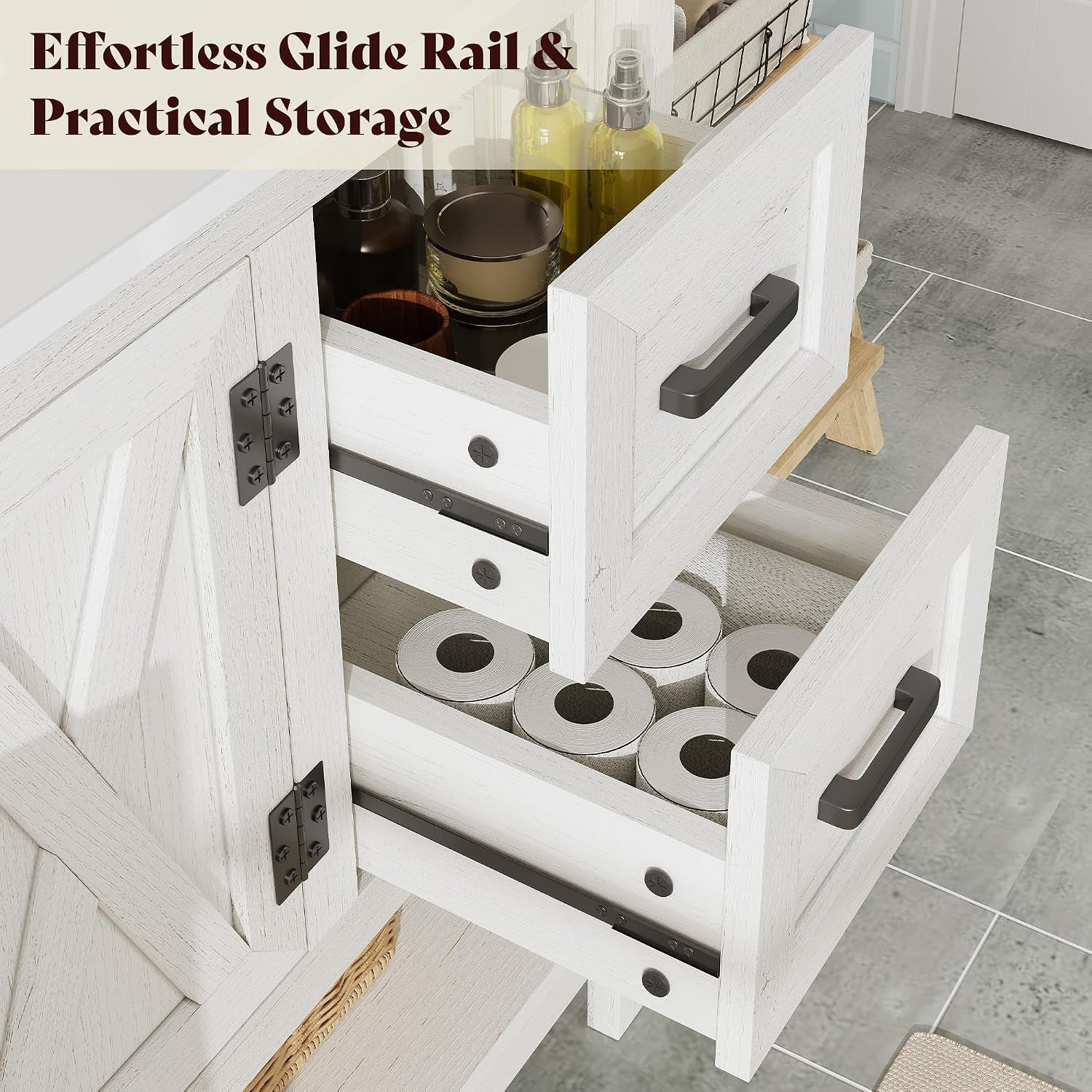 Close-up of two open drawers showing soft-closing rails and interior storage with toilet paper
