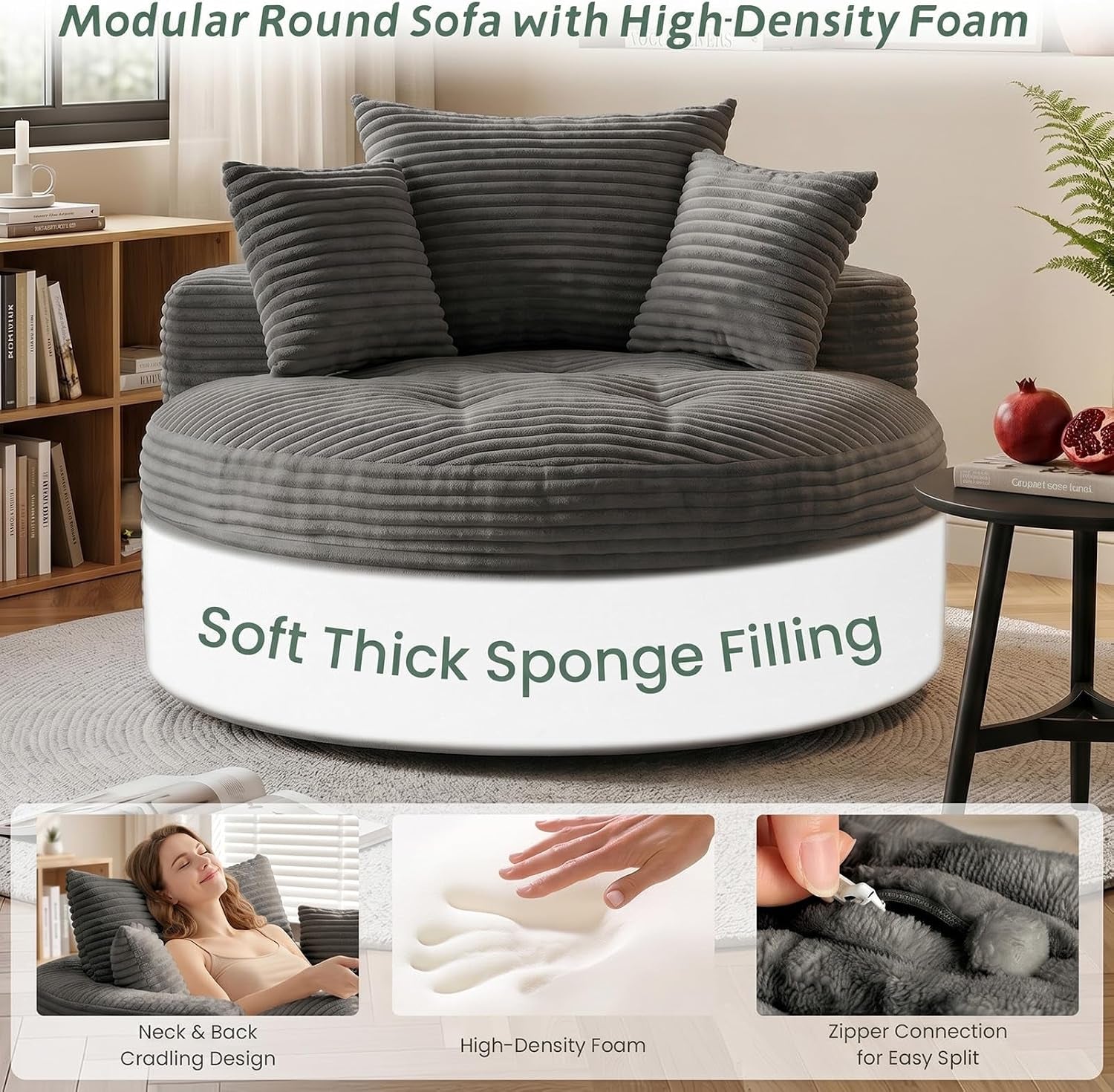 Round gray corduroy floor chaise with three matching cushions set in a bright room, plus three small feature images below.