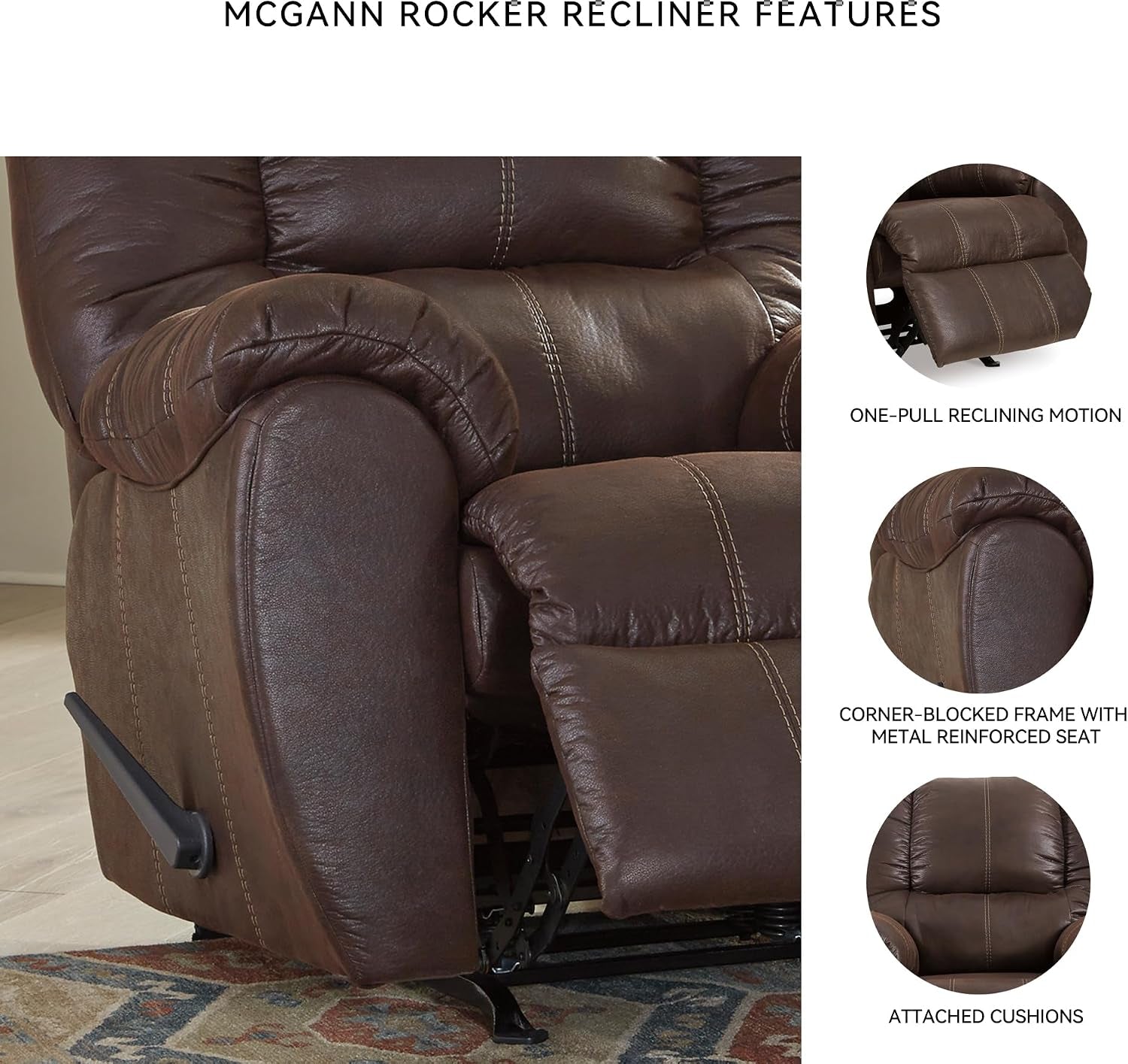 Side view of brown recliner showing manual lever, metal seat mechanism and extended footrest