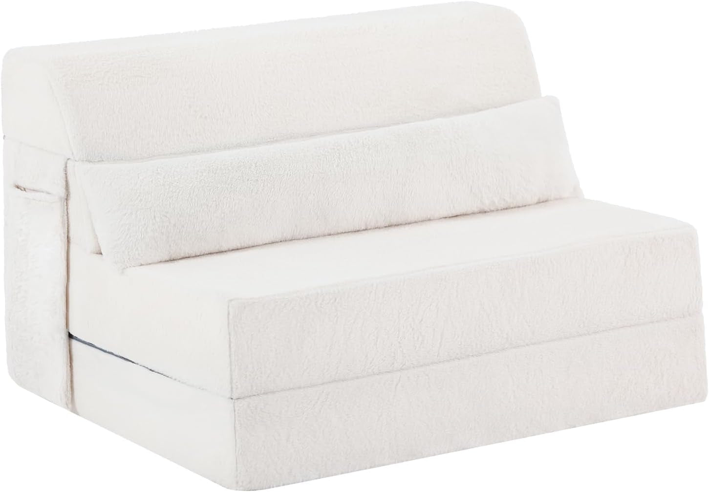 White folding mattress sofa chair with long pillow on a plain white background