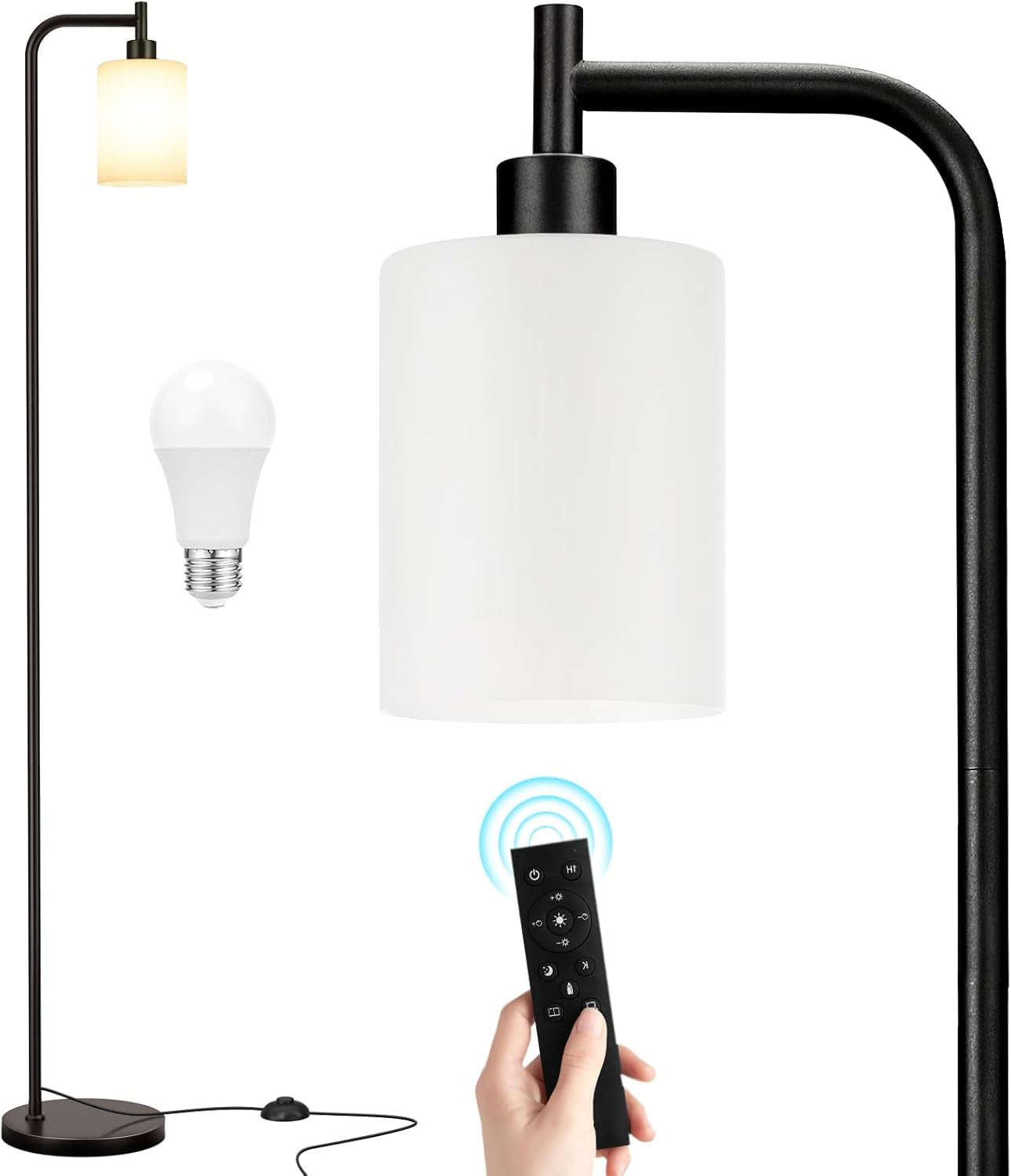 Close-up of the lamp arm with a white cylindrical shade shown alongside an LED bulb and a hand holding a black remote