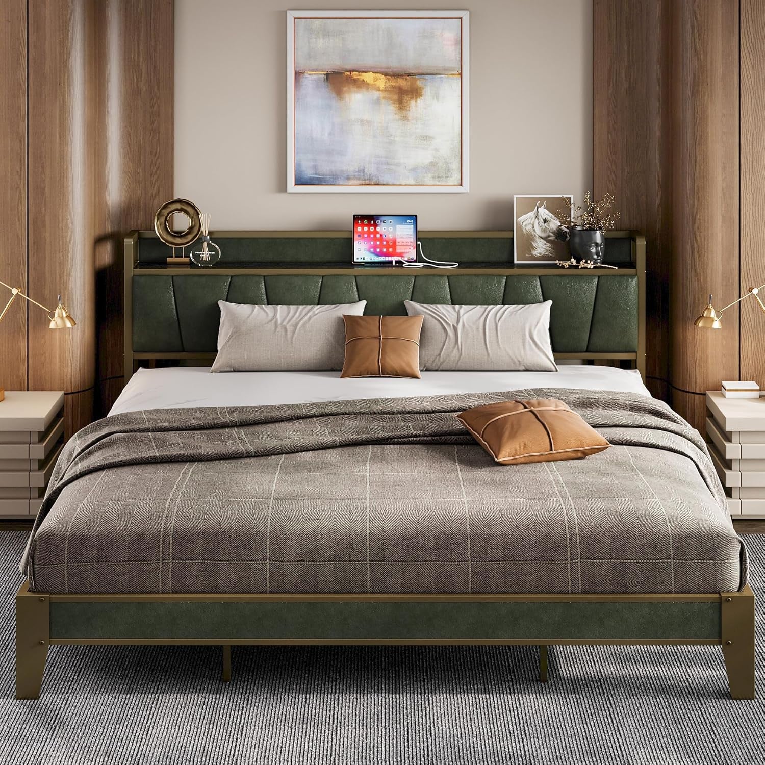 Front-facing bed with dark green padded headboard and brass-toned frame in a warm bedroom setting.