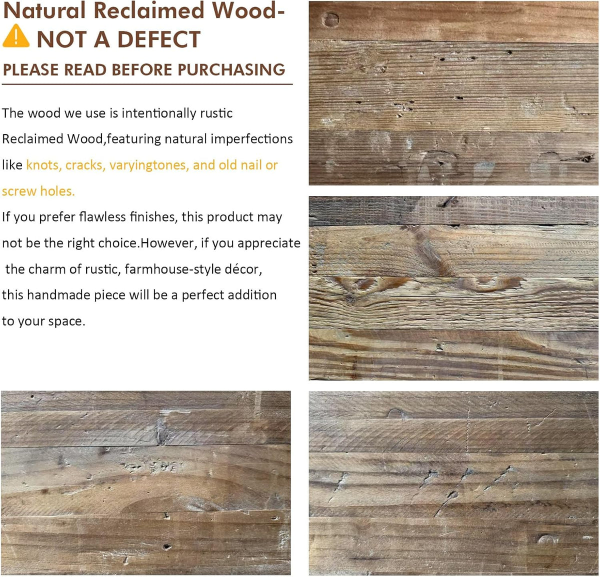 Close-up panels showing reclaimed wood grain, knots, cracks and old nail or screw marks