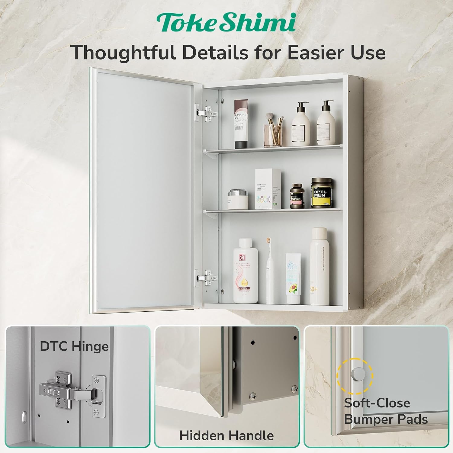 Open cabinet interior with three adjustable shelves and inset details of hinge, hidden handle, and bumper pad