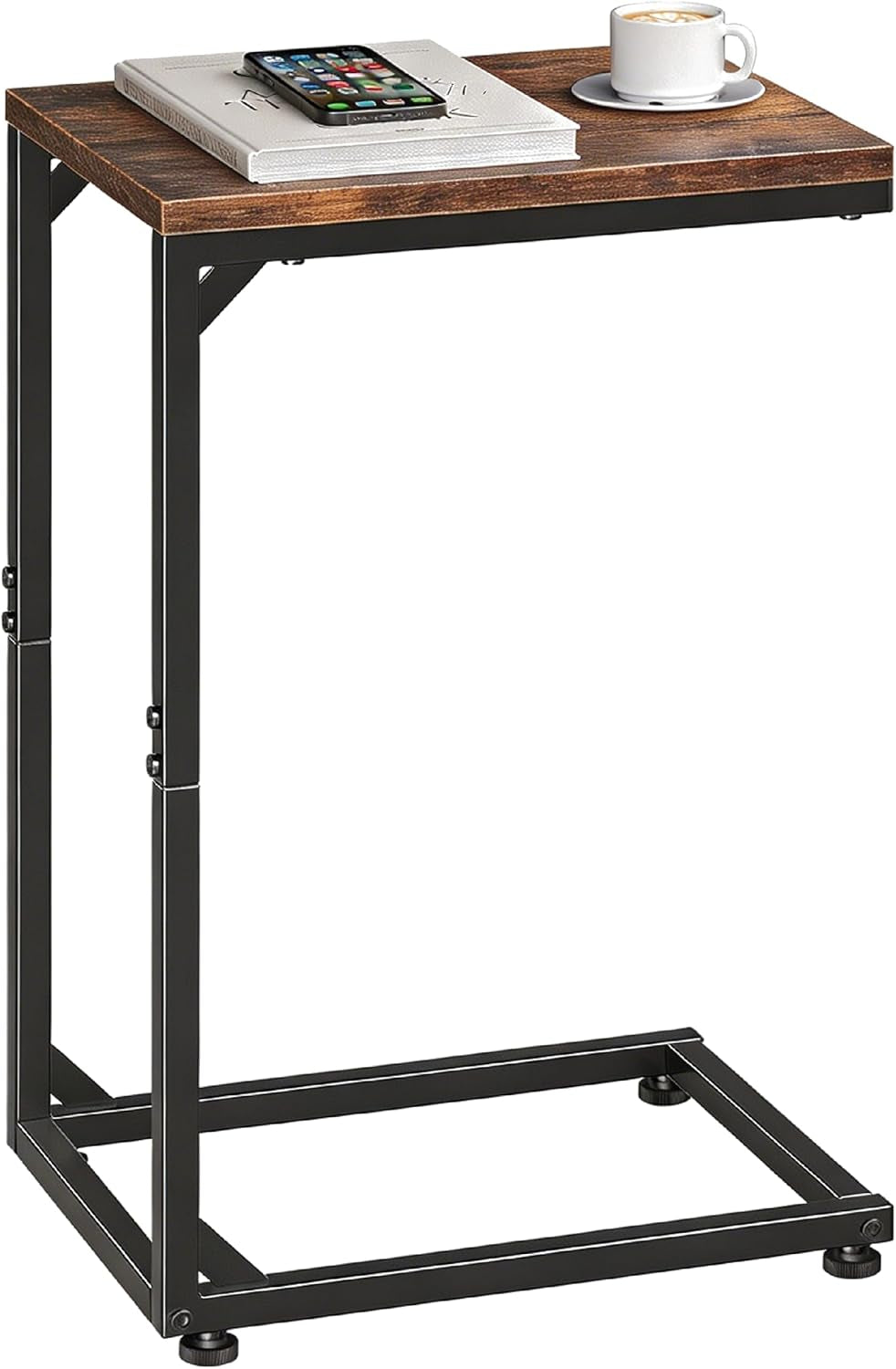 C-shaped end table with rustic brown rectangular wood top and black square-tube frame close-up