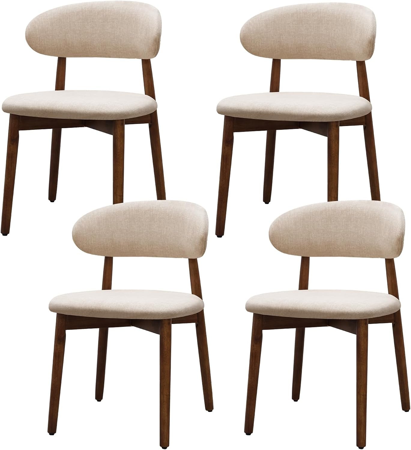 Four beige upholstered dining chairs with curved backs and brown legs on a white background.