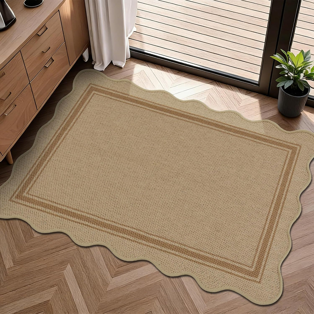 Zeeinx 5x7 Scalloped Rug Easy Jute Washable Outdoor Patio Rug | Indoor Outdoor Black Geometric Neutral, gallery view 33