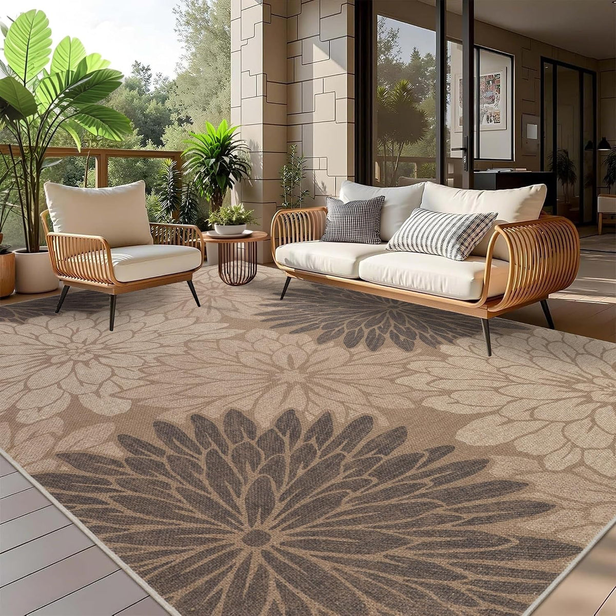 Floral rug laid on a covered balcony with curved wooden-frame sofa and tropical plants