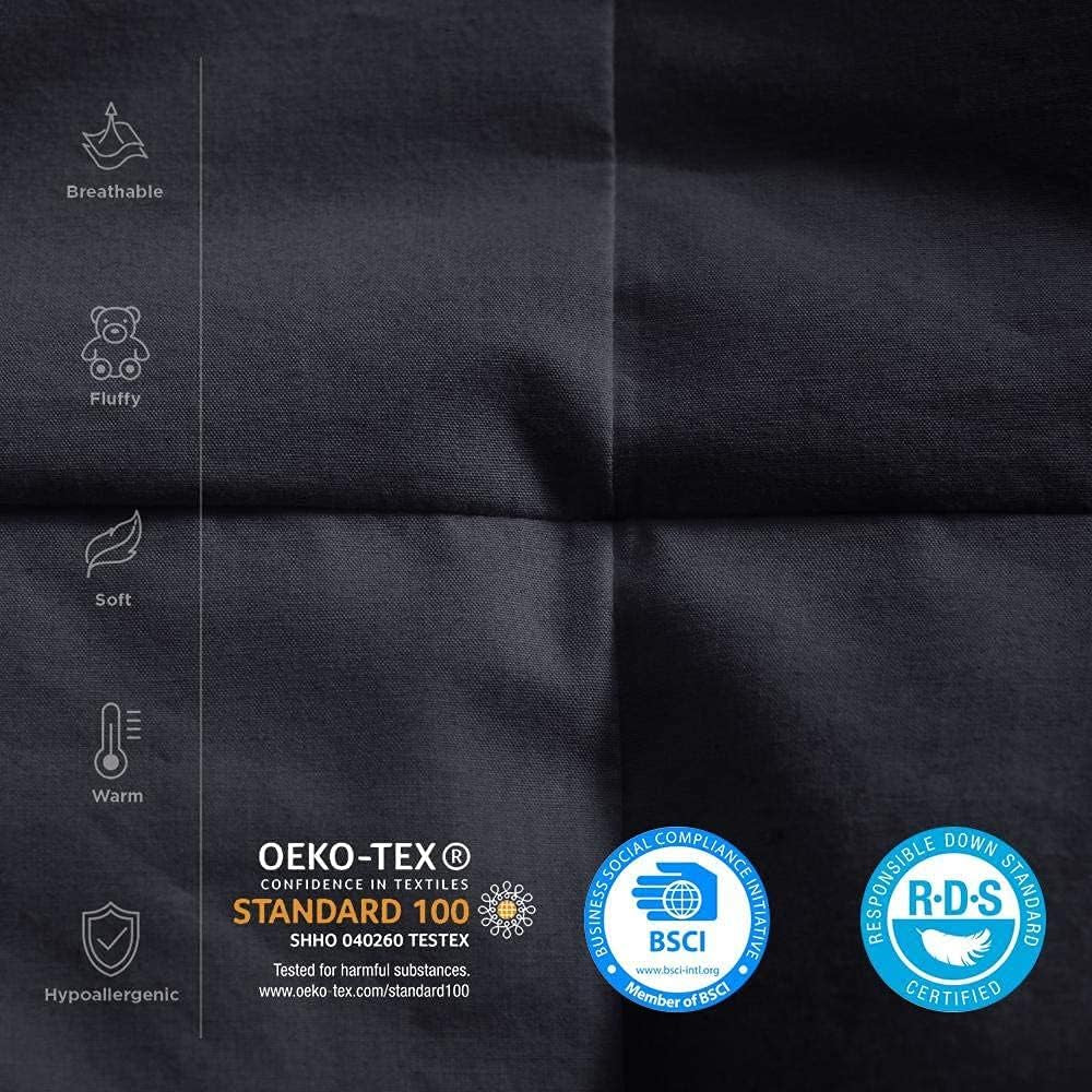 Top-down view of dark fabric squares with faint icons and certification badges at the bottom.