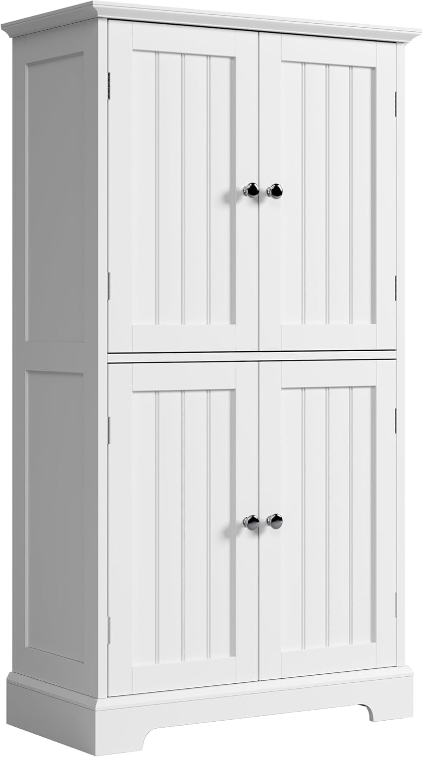 White freestanding 4-door storage cabinet angled front view showing beadboard door panels
