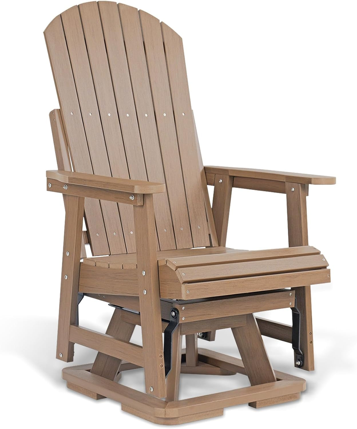 Three-quarter front-left view of a tan/beige outdoor glider with slatted high back and extended footrest