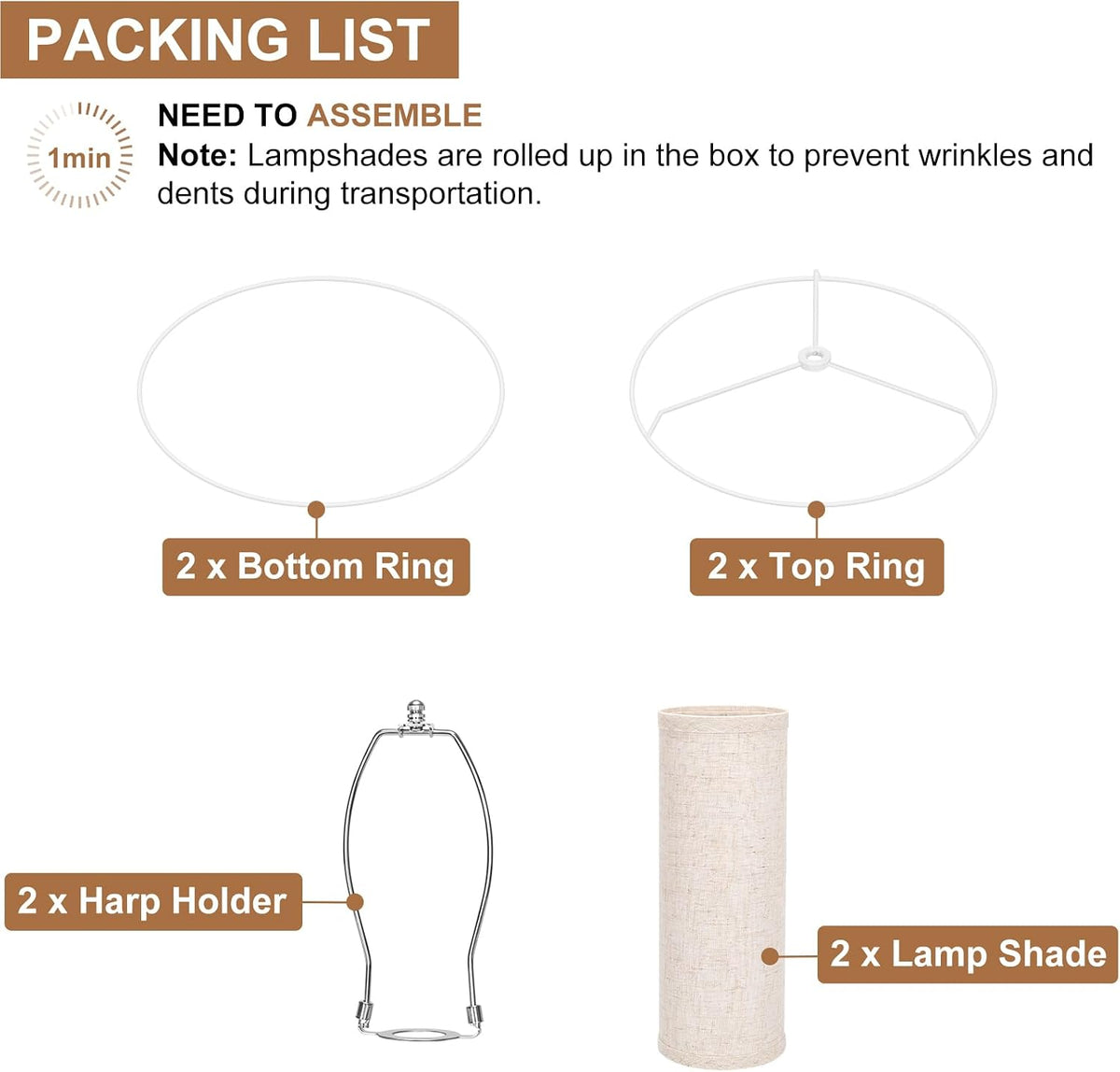 Flat diagram listing included rings, harp holders and two rolled linen-style drum shades.