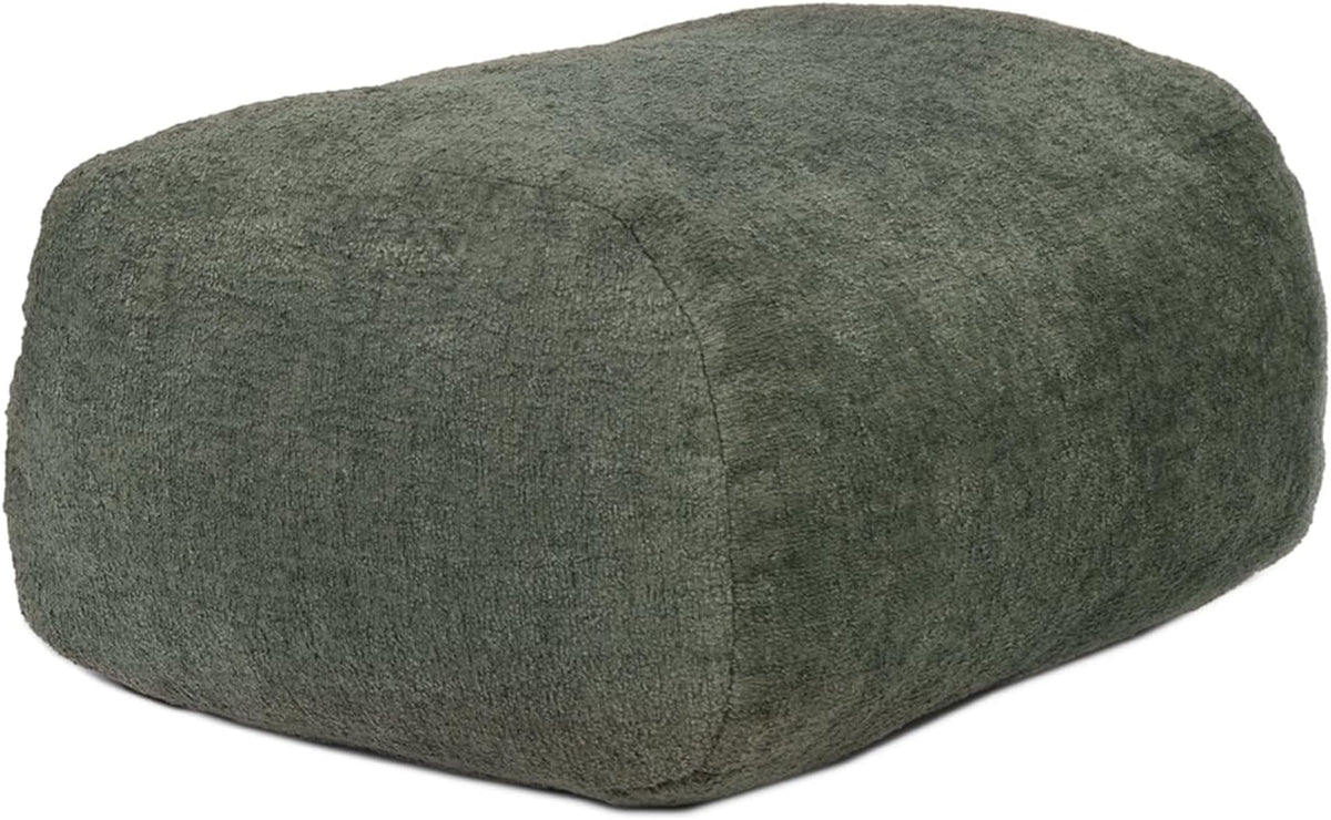 Dark green fabric ottoman, angled side view on white background