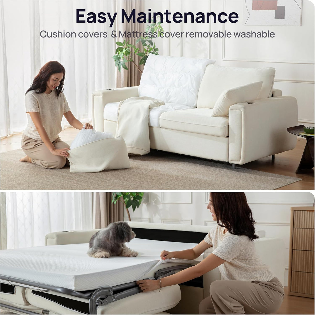 Woman removing a cushion cover beside the unfolded mattress to show removable washable covers