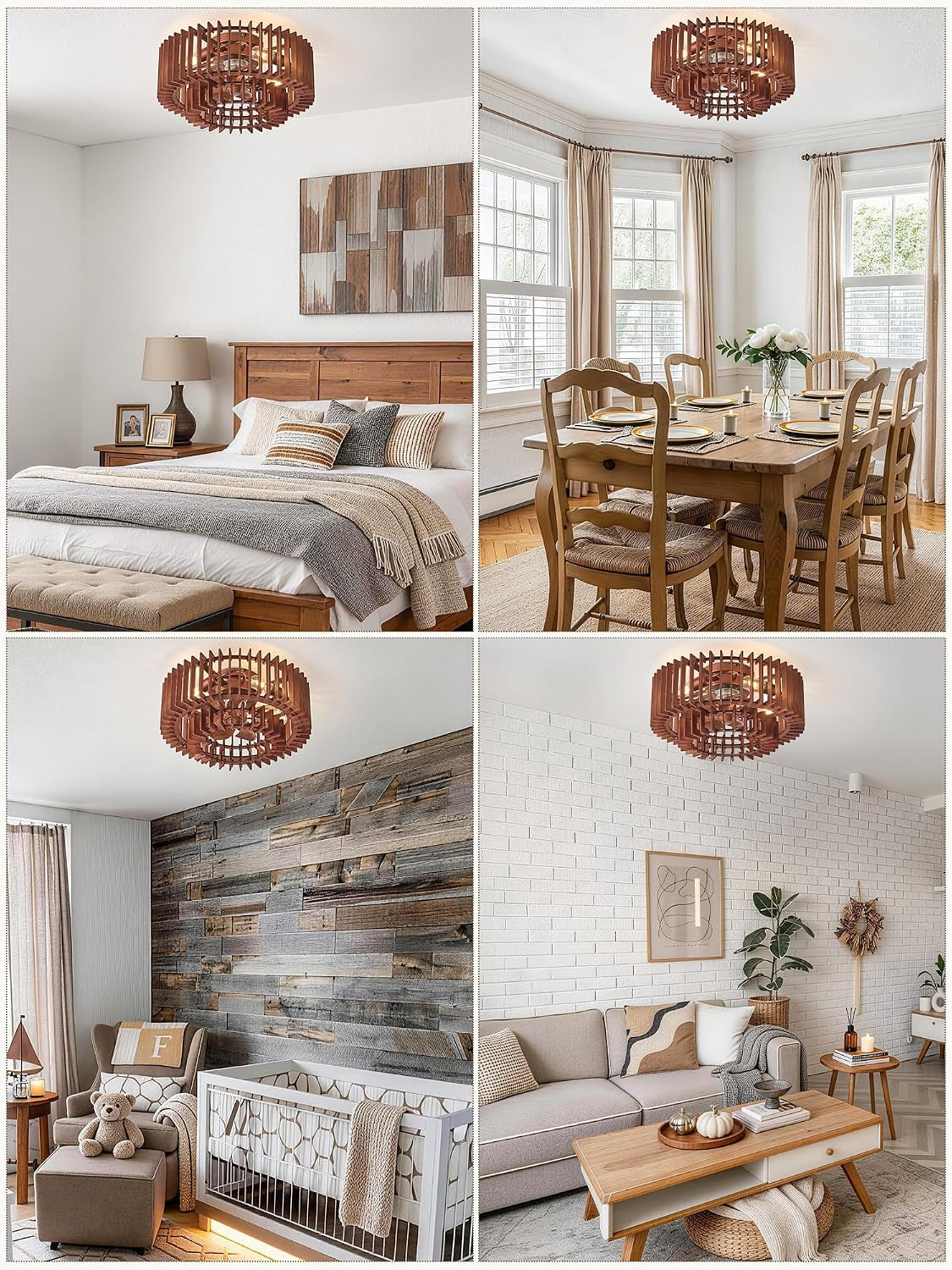 Four lifestyle scenes with the brown wood-caged fan mounted in bedroom, dining, nursery and living rooms.