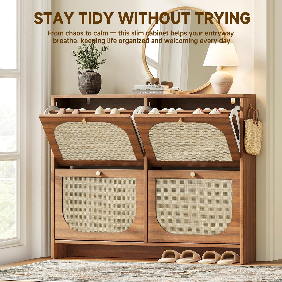 Styled entryway scene showing the cabinet with top drawers tilted open and decor on the top shelf.